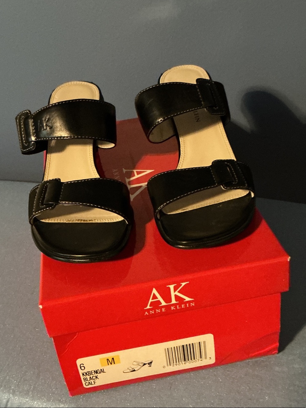 Anne Klein Black Leather Double-Strap Slide Sandals